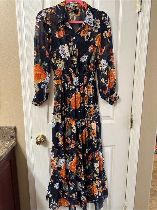 Kate And Lily Dresses & Skirts - Women's navy Floral Button-Front Tiered Maxi Dress with Orange Blooms